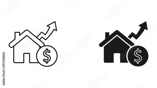 A black and white icon illustrating a house with a rising arrow pointing upwards and a dollar sign indicating real estate investment growth