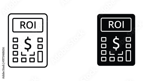A simple, black and white line drawing of a calculator with a display showing 'ROI' and a dollar sign in the center, designed to symbolize financial calculations or investment return analysis.