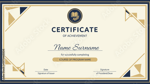 Certificate of Achievement with Decorative Geometric Borders and Seal - Ideal for Recognition and Awards