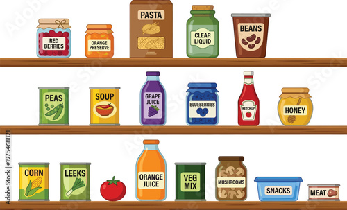 Pantry food storage illustration set, canned goods jars and bottles arranged on shelves in kitchen, grocery supply concept, household collection