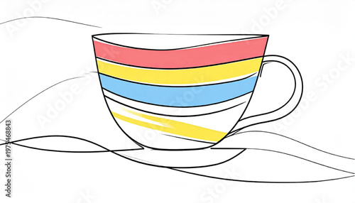 Colorful striped teacup with a handle and saucer, minimalist design on white background.
