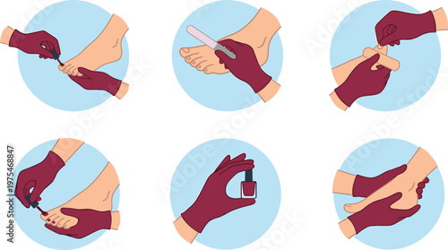 Pedicure process illustration set, foot care treatment with nail polish filing and massage steps in salon, beauty concept, skincare routine collection