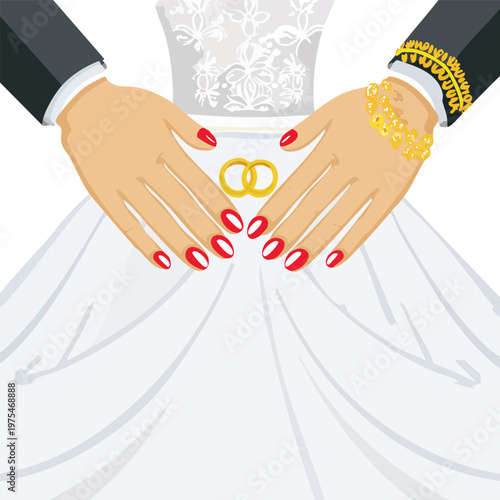 Wedding rings on bride dress with hands and golden bracelet vector illustration