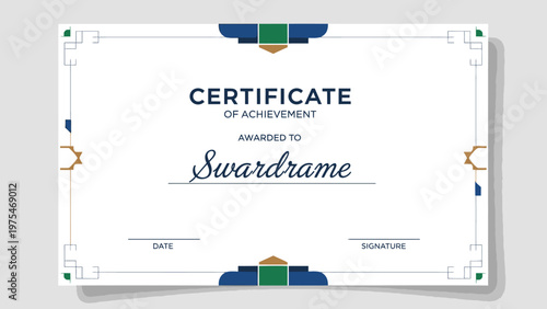 Certificate of Achievement Awarded to Swardrame with Decorative Borders and Text Fields for Date and Signature
