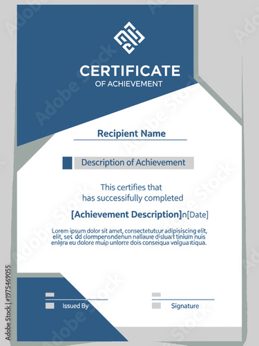 Certificate of Achievement Award Document with Recipient Name and Signature Fields