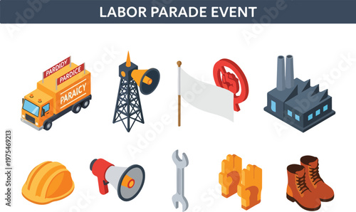 Set of labor and industrial icons representing construction workers, factory, and industrial labor event