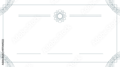 Elegant minimalist certificate template with decorative corner elements and a central geometric emblem on a white background for official recognition or award