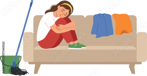 Sad woman sitting on sofa, tired housemaid resting after cleaning work with mop and clothes nearby, exhaustion concept, domestic life illustration