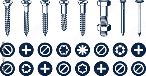 Screw and bolt illustration set, different fastener types with head icons and tools for construction use, hardware concept, engineering collection