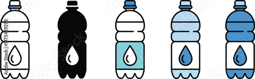 Drinking water bottle icons set, illustrating hydration containers, purified water packaging, healthy lifestyle beverages, and clean liquid consumption concepts, high quality professional vector illus