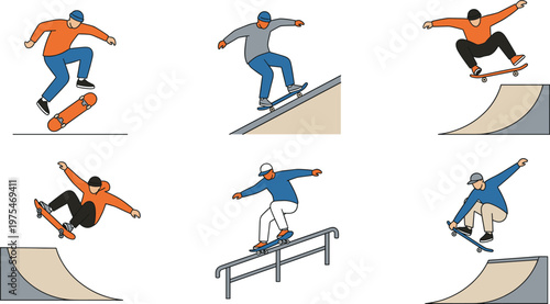 Skateboard tricks illustration set, skater performing jumps flips and rail slides in skatepark ramps, extreme sport concept, youth activity collection