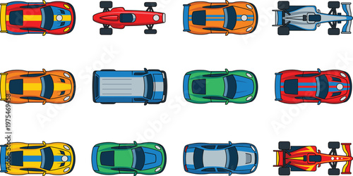 Sports car top view illustration set, racing vehicles and formula cars in colorful designs, transportation concept, automobile collection