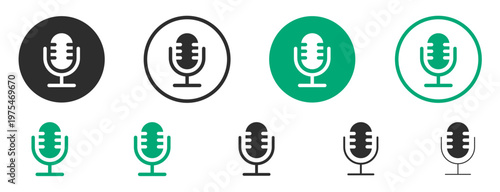 Microphone mic icon set. Radio podcast mic icons. Broadcast microphone vector symbols. Interview mic icon set. Audio record thin outline signs.