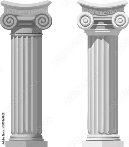 Two classical ionic column capitals displayed in grayscale tones