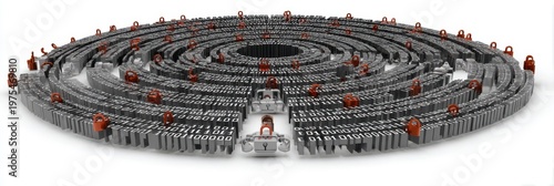 Abstract Digital Maze with Red Figures and Central Leader Figure