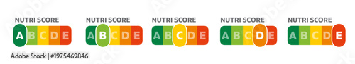 Nutriscore logo set. Nutrient score a, b, c, d, e, collection. Nutri label indicator vector.