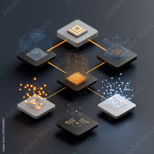 Abstract Digital Network Connecting Cubes And Squares With Orange And Blue Light Particles On Dark Gray Background