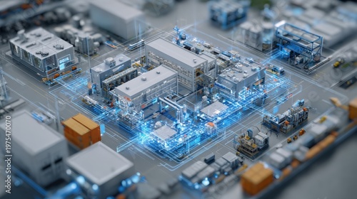 Abstract Futuristic Digital Network Overlaying Miniature Industrial Factory Complex With Blue Glowing Data Streams
