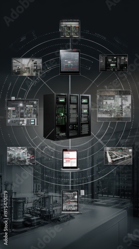 Abstract Futuristic Digital Network Connecting Servers and Data Screens in Dark Cityscape Background