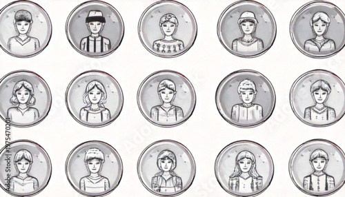 Collection of various human portraits in circular frames, monochrome style.