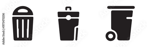 Set of black trash can icons with lid, handle and wheels, isolated on white background