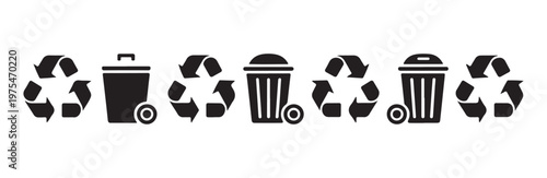 Row of recycle bins and recycle symbols on white background vector illustration