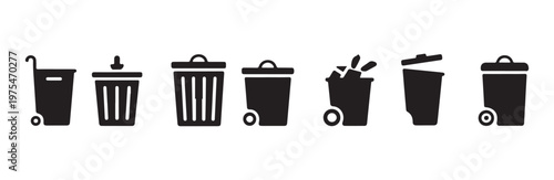 Trash can icons with different styles and shapes for waste disposal collection graphic design