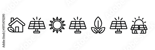 Solar energy icons and eco house symbols for renewable power and sustainable lifestyle design