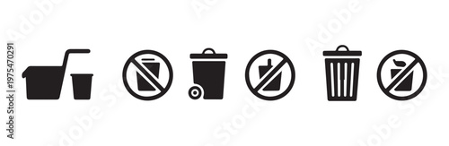 No littering and trash bin prohibition sign icons for waste management and rules instruction