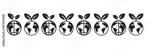 Eight identical black and white vector icons of globes with green leaves on top
