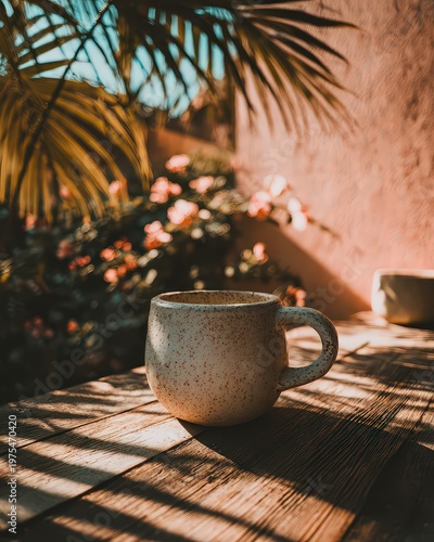 Close Up Of A Speckled Ceramic Mug Filled With A Warm Beverage Sitting On A Wooden Table With Lush Greenery And Pink Flowers In The Background With Sunlight Casting Shadows On The Surface