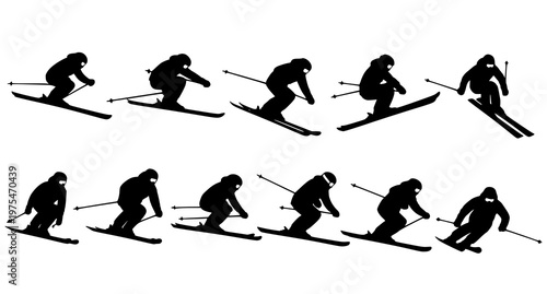 Skiing silhouette set with downhill jump and slalom action poses winter sport vector collection