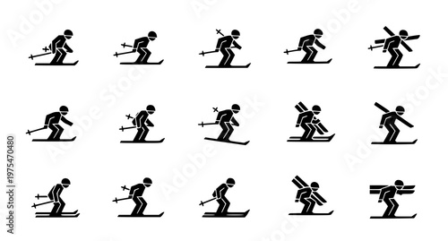 Minimal skiing icon set with skier silhouettes in simple geometric winter sport vector design