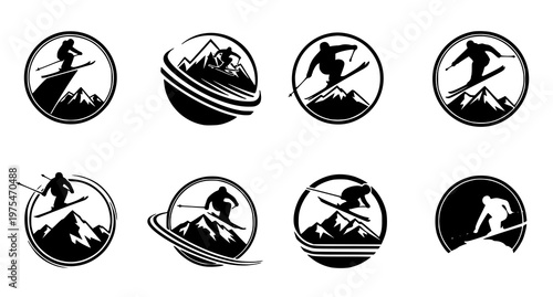 Skiing silhouette badges with skier action and mountain shapes winter sport logo vector set