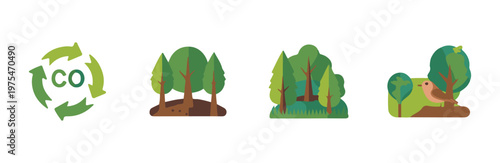 Forest trees and birds with recycle co symbol and nature landscape