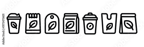 Various line art icons for eco friendly packaging coffee cups paper bags and sustainable products