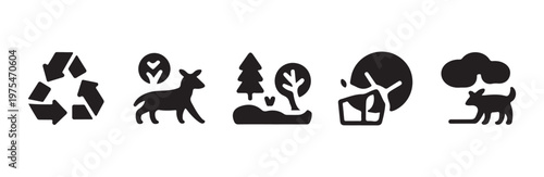 Ecological signs set with recycling deer protection forest and animal near rain clouds
