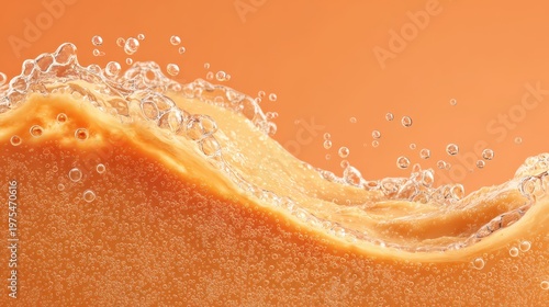 Close-up of Orange Liquid Wave with Bubbles and Splashes Against a Smooth Orange Background with Studio Lighting