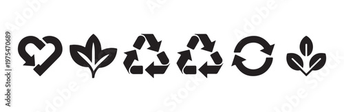 Environmental sustainability icons featuring leaves and recycling loops for eco friendly apps
