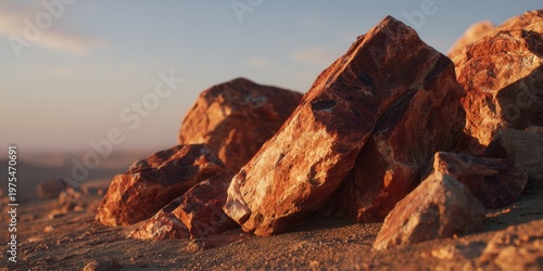 Close up of rough textured reddish-brown rocks catching the warm golden hour sunlight with a soft focus desert landscape in the background