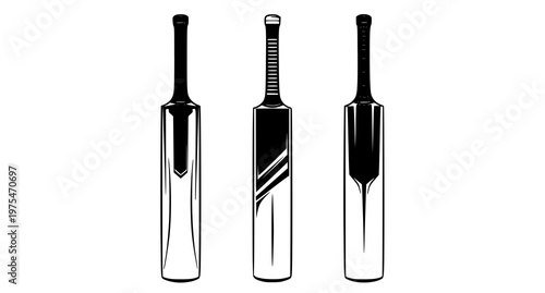 Three cricket bats monochrome silhouette icon with simple sports equipment vector illustration