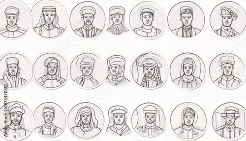 Collection of various portraits of people in a circular frame, black and white.