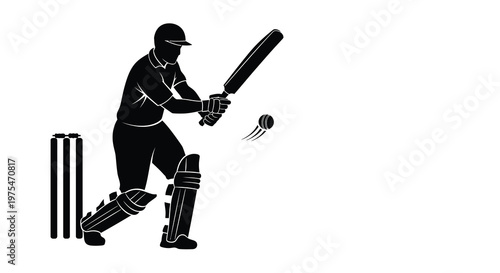 Cricket player hitting ball, batsman in action with bat and wickets, sport illustration