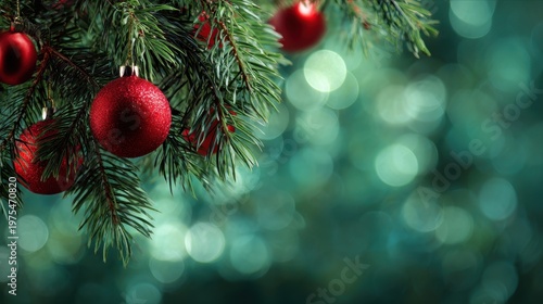 Close-up of Lush Green Pine Branches Adorned with Sparkling Red Christmas Ornaments Set Against a Softly Blurred Teal Bokeh Background Emphasizing Festive Holiday Cheer