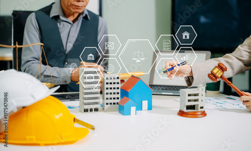 Photography Professional real estate law scene with contract signing, property models, and legal tools