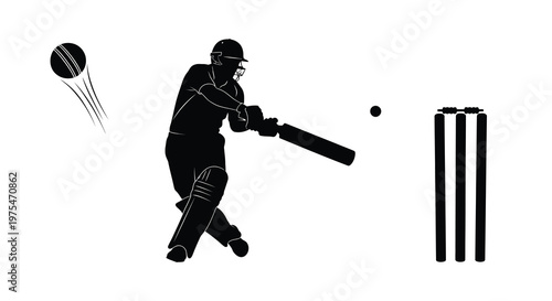 Cricket batsman silhouette hitting ball towards wicket on white background, vector illustration