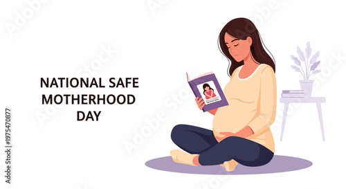 A pregnant woman sitting cross-legged on a purple rug, reading a book about motherhood and baby health in celebration of National Safe Motherhood Day, depicted in a flat vector style