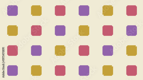 Seamless pattern featuring a minimalist geometric design with rounded squares in muted purple, gold, and pink arranged on a soft beige background, ideal for modern fabric, textile,