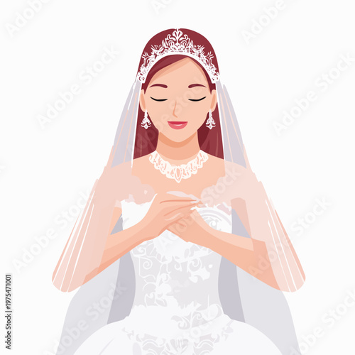 Elegant bride in white gown with veil and tiara isolated vector illustration