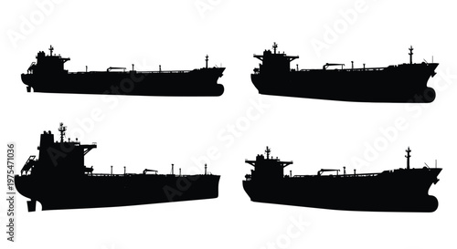 Set of four black oil tanker ship silhouettes on a white background, flat design vector illustration